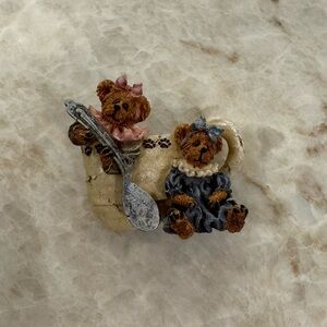 Boyds Bear pin, Brown and Blue Bear Figurine with Spoon